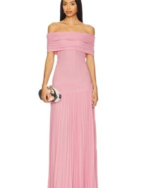 Lioness Field of Dreams Off-Shoulder Pink Pleated Maxi Dress